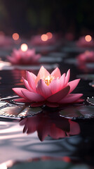 Photorealistic Macro Shots of Pink Lotus Flowers Floating on Water During Vesak Celebration With Serene Ritualistic Elements