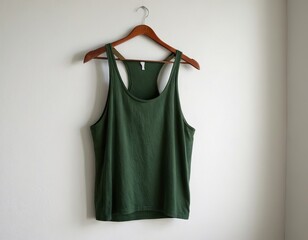 Simple green tank top hanging on a wooden hanger against a neutral wall.