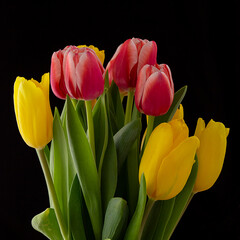red and yellow tulips on a black background