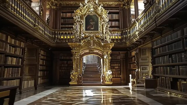Ornate library interior with grand staircase, bookshelves, and intricate golden decor