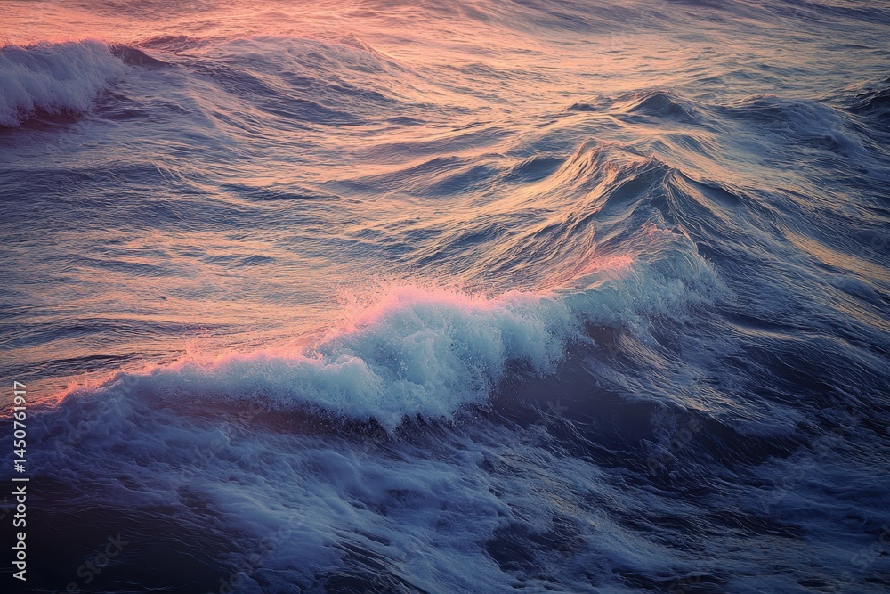 Poster Waves rolling over the reef at sunset create a beautiful display of colors in the ocean, Reef waves small swell at sunset time, aerial ocean shot