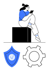 Woman sitting on cube holding smartphone, shield with checkmark icon, and gear symbolizing security, technology, and settings. Ideal for tech, safety, apps, management software mobile platforms