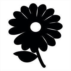Silhouette of a single daisy flower with a leaf on white background