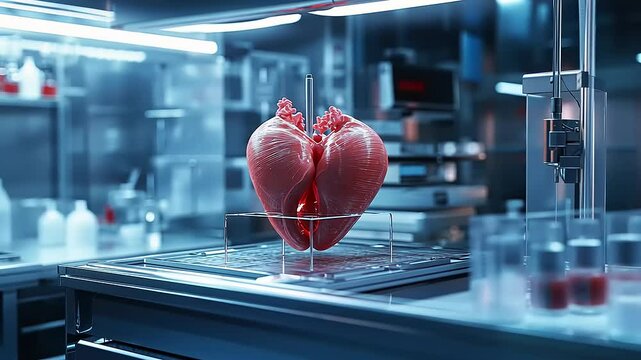 Anatomical heart model displayed in a modern laboratory setting with scientific equipment around
