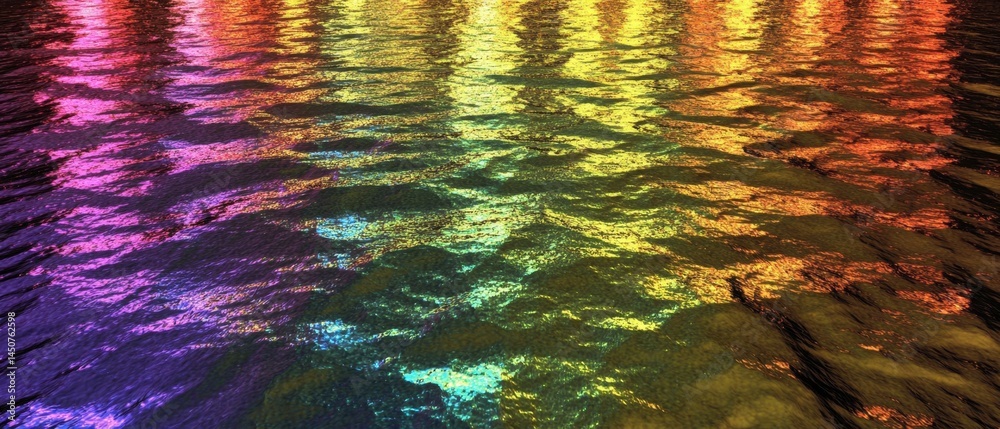 Poster vibrant iridescent water surface reflecting colorful light spectrum creating a mesmerizing visual ef