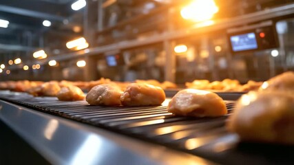 A detailed macro shot of raw chicken pieces moving along a conveyor belt with automated quality control scanners ensuring food safety compliance. - Powered by Adobe