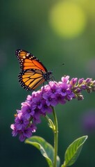 Naklejka premium Vibrant purple flowers, monarch butterfly perched , violet, insect