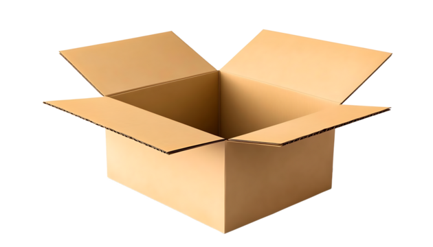 Open empty corrugated cardboard box for packaging and storage on transparent background