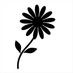 Simple black silhouette of a daisy flower with leaves on a white background
