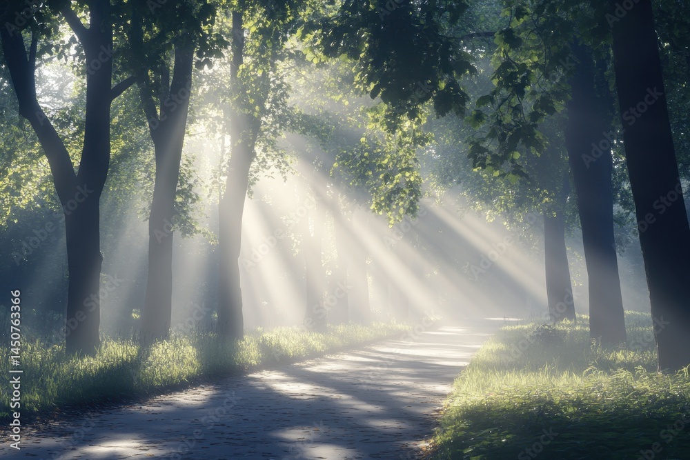 Poster volumetric light rays illuminate a foggy forest path surrounded by lush trees at dawn, 4k of light w