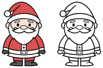 Cartoon Santa Claus figures show one colored drawing and one black outline drawing