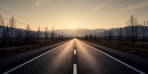 A long asphalt road stretches toward distant mountains under a bright sky at sunset