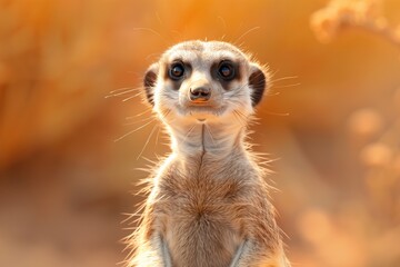 Fototapeta premium A curious meerkat standing upright, capturing the essence of wildlife in a warm, golden environment.