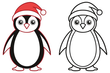 Two cartoon penguin character outlines are featured, one colored and one black and white