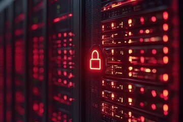 Digital padlock icon over red-lit data servers representing cybersecurity and data protection, padlock icon and digital data processing over computer servers