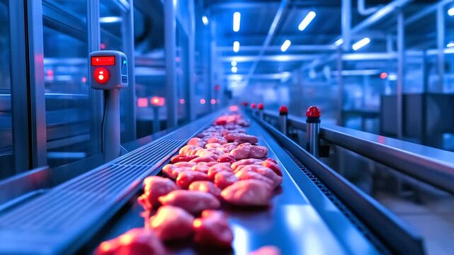 A temperature-controlled environment where fresh raw chicken pieces travel along a smooth conveyor belt, with safety protocols strictly enforced.