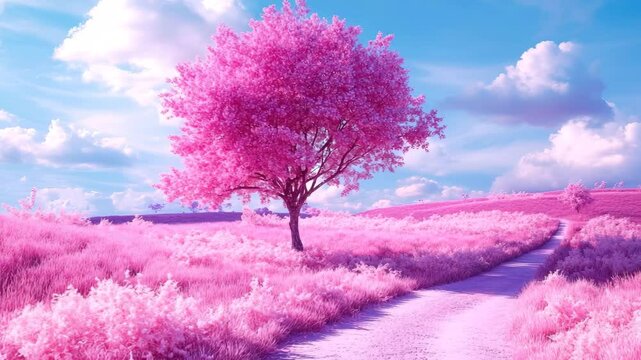 Fantasy landscape with pink tree and pink grass in wide open field