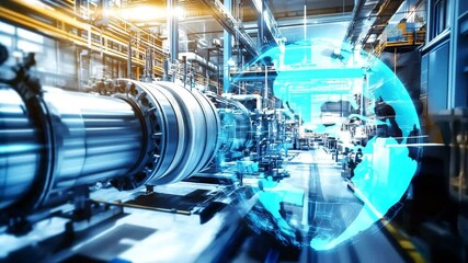 Holographic globe in modern factory, global supply chain concept