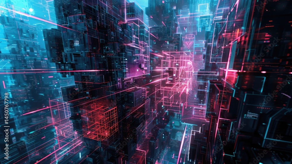 Poster abstract digital shape and particle technological cyber style design connecting become system shape 