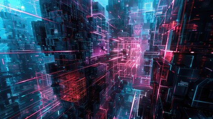 Obraz premium Abstract digital shape and particle technological cyber style design connecting become system shape of electronic designing. High tech scenery express mysterious pattern perfect for wallpaper. AIG53.