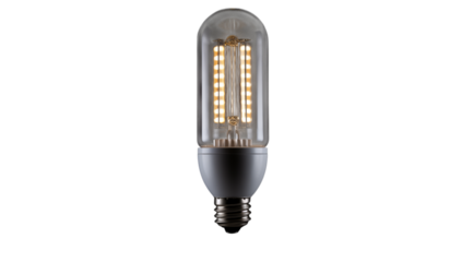 A close up view of an illuminated tubular led light bulb against a in a studio setting transparent background png