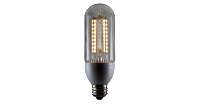 A close up view of an illuminated tubular led light bulb against a in a studio setting transparent background png