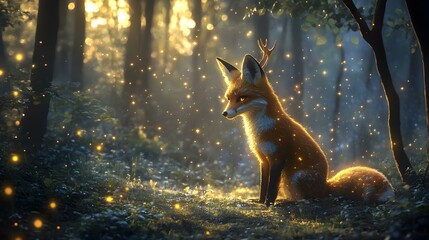 Obraz premium Graceful fox with antlers in a magical twilight forest with gentle lighting and glowing fireflies