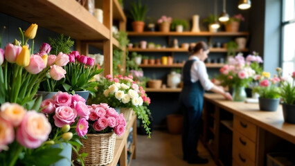 Flower shop interior with flower baskets in the foreground and a female florist working at the table in the background. Flower business concept. 