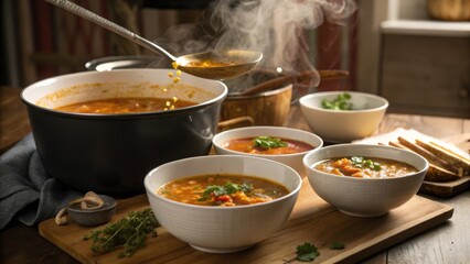 Ladle of Steaming Hot Soup Served from Pot into Rustic Ceramic Bowls on Wooden Table
