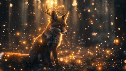 A fox with antlers in a mystical twilight forest with glowing fireflies floating around and soft lighting