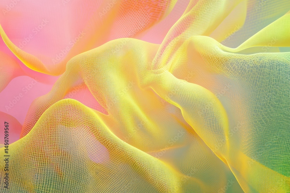 Poster glowing yellow mesh dances over undulating green and pink waves creating a vibrant visual experience