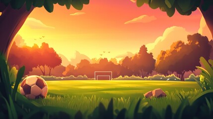 Sunset view of a soccer field in a park.