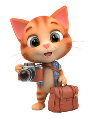 A cheerful ginger cartoon cat, dressed for travel with a camera and bag, smiles happily on a bright white background making it ideal for creative projects.