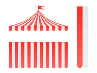 Commercial canopy awning with red and white striped designs for pop-up stores, cafes, markets, and circus tents. Vector elements for posters and advertising isolated on a transparent background © ptgregus