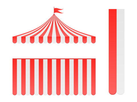 Commercial canopy awning with red and white striped designs for pop-up stores, cafes, markets, and circus tents. Vector elements for posters and advertising isolated on a transparent background