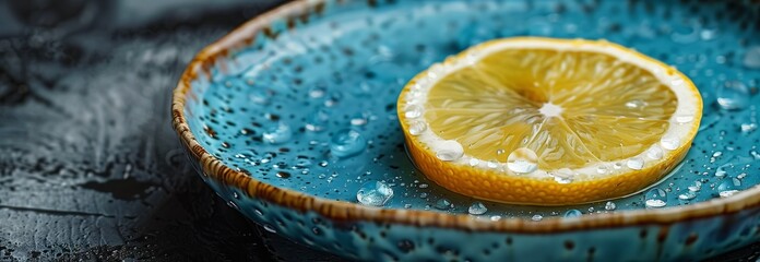 A vibrant, fresh lemon slice beautifully arranged on a textured blue plate, perfect for culinary presentations.