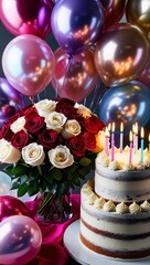 birthday cake with candles and balloons