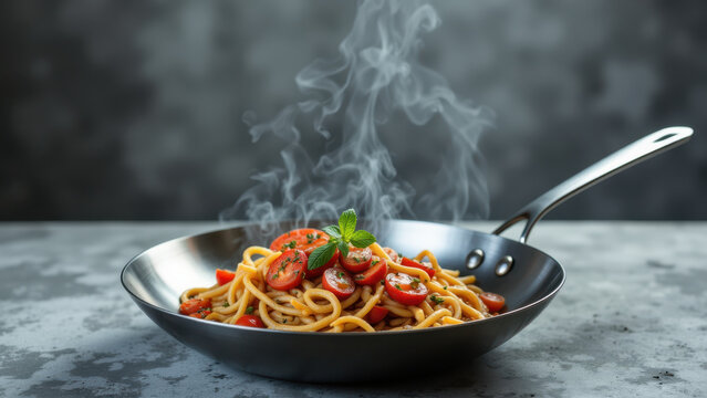 Close-up of a skillet with pasta dish cooking on stove.