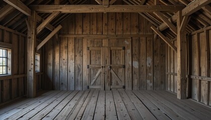 Rustic Wooden Barn Interior with Aged Wood Beams and Floor