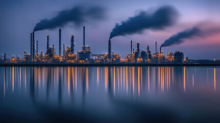 Naklejka premium Industrial plant with smoke and water reflection at twilight