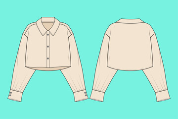 Ladies long sleeve crop shirt technical drawing fashion flat sketch vector illustration template outline CAD mockup front and back views.
