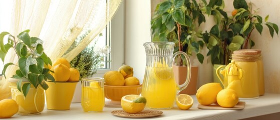 Sunny Lemonade Still Life with Citrus Fruits and Green Plants on Window Sill in Bright Natural Light for Refreshing Summer Mood