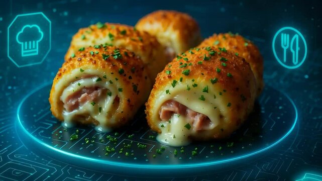Futuristic Cheesy Meat Roll on Digital Plate with Glowing Cooking Icons and High-Tech Food Presentation Interface


