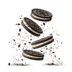 flying Oreo cookies with crumbs isolated on transparent white background, clipping path