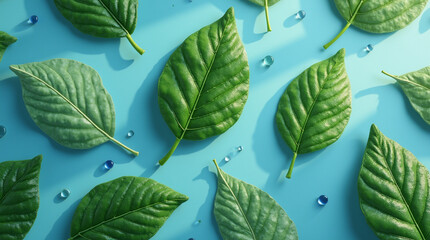 Vibrant green leaves and blue water drops on a light blue background. Clean, modern, and refreshing concept illustration.