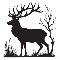 Silhouette animal in nature white background Deer animal silhouette, Deer Illustration vector art.
