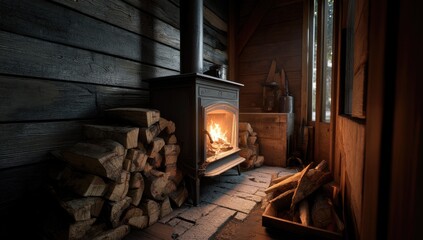 Warm cabin interior with wood stove. Stacked firewood, rustic wood walls, and soft light from a window illuminate the cozy space