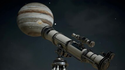 Telescope pointed towards outer space, observing giant planet with stripes and visible stars in dark sky, stargazing and astronomical research