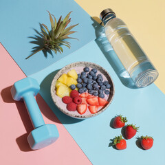 top view of smoothie bowl, fresh fruits, dumbbells, yoga mat, and water bottle on pastel background