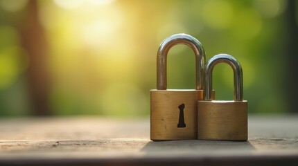 Fototapeta premium Open and closed padlocks displayed side by side on wooden surface, representing security and freedom concepts.
